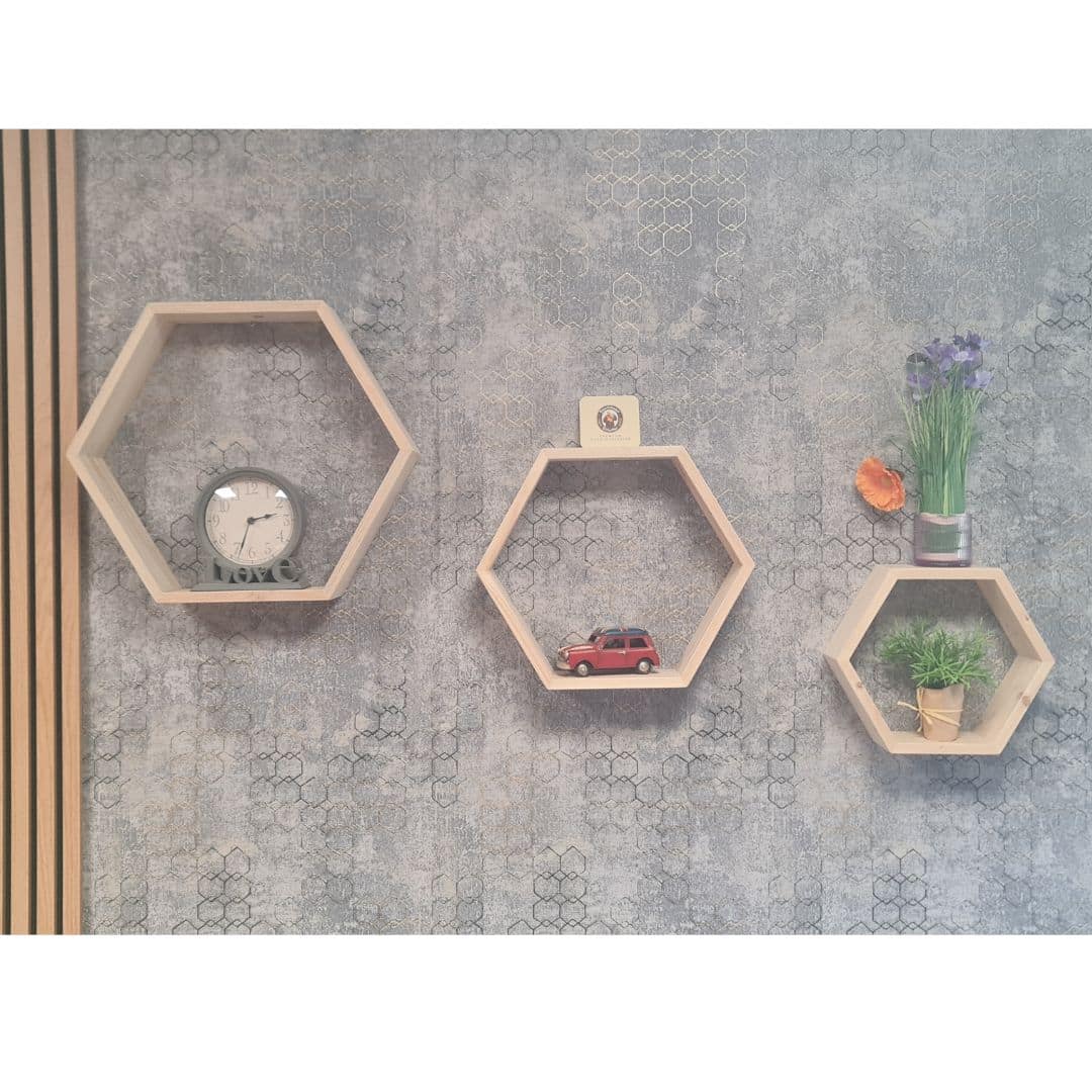Lot de 3 étagères hexagonale en bois recyclé – Idée déco murale écologique – Image 3